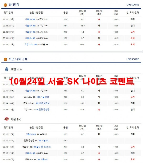 10월24일 서울 SK 나이츠 코멘트