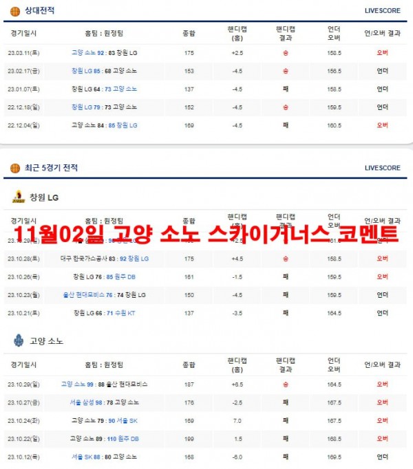 11월02일 고양 소노 스카이거너스 코멘트