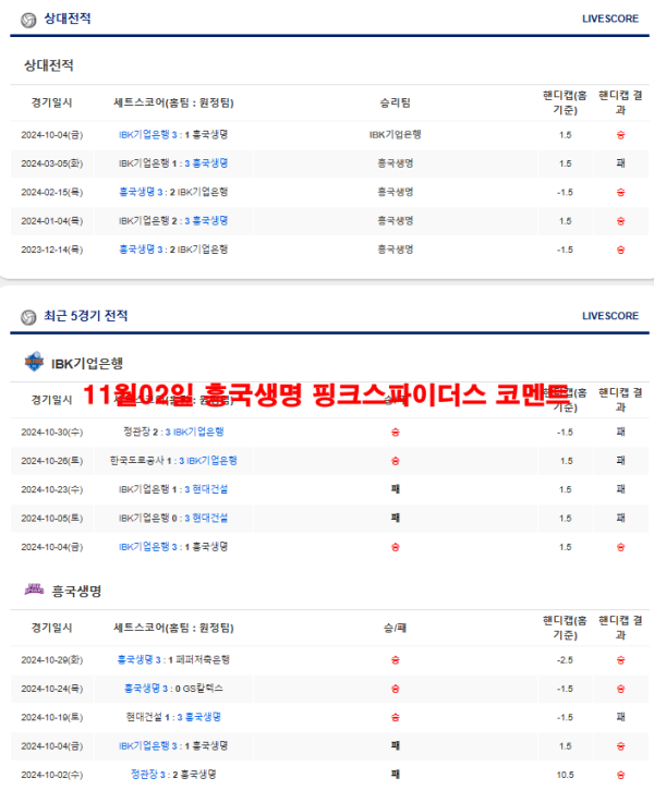 11월02일 흥국생명 핑크스파이더스 코멘트