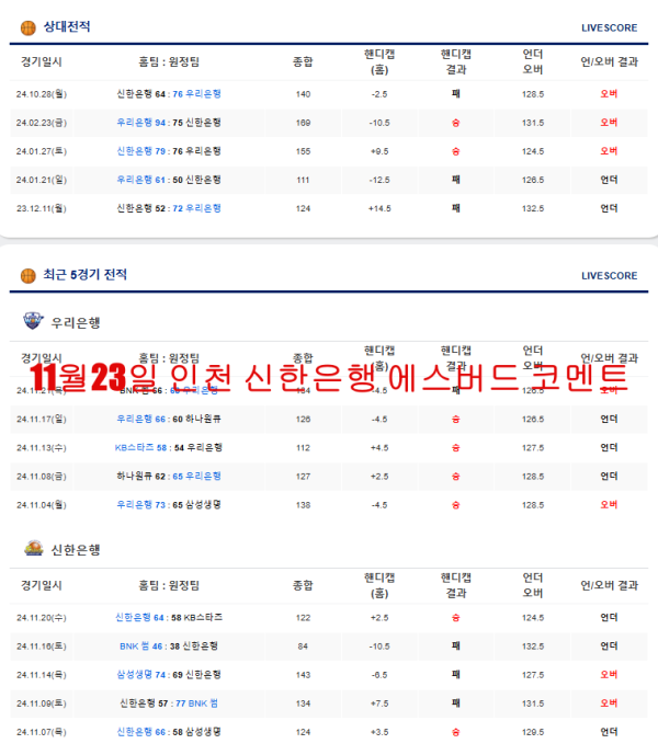 11월23일 인천 신한은행 에스버드 코멘트